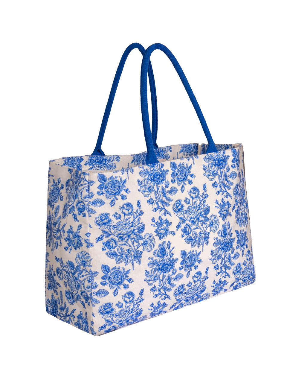 A large canvas tote with a blue and white floral pattern.