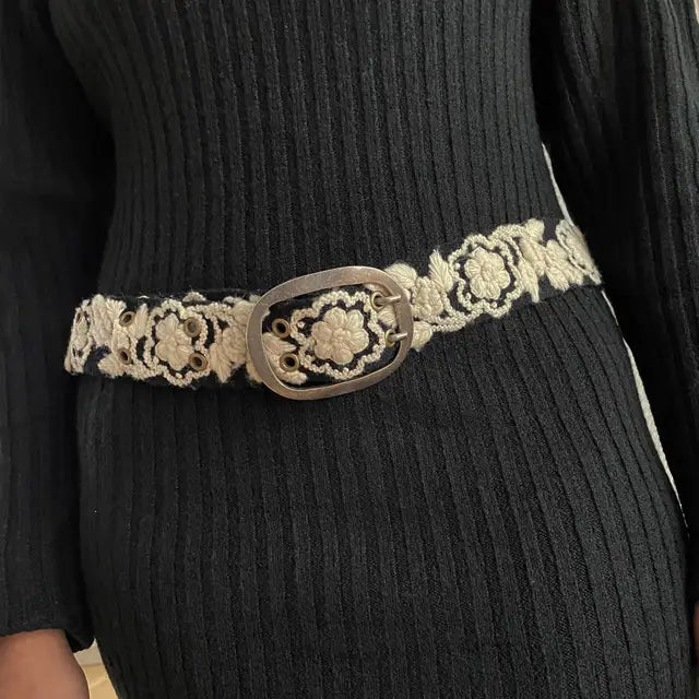 Two-Tone Embroidered Black and Cream Wool Belt.