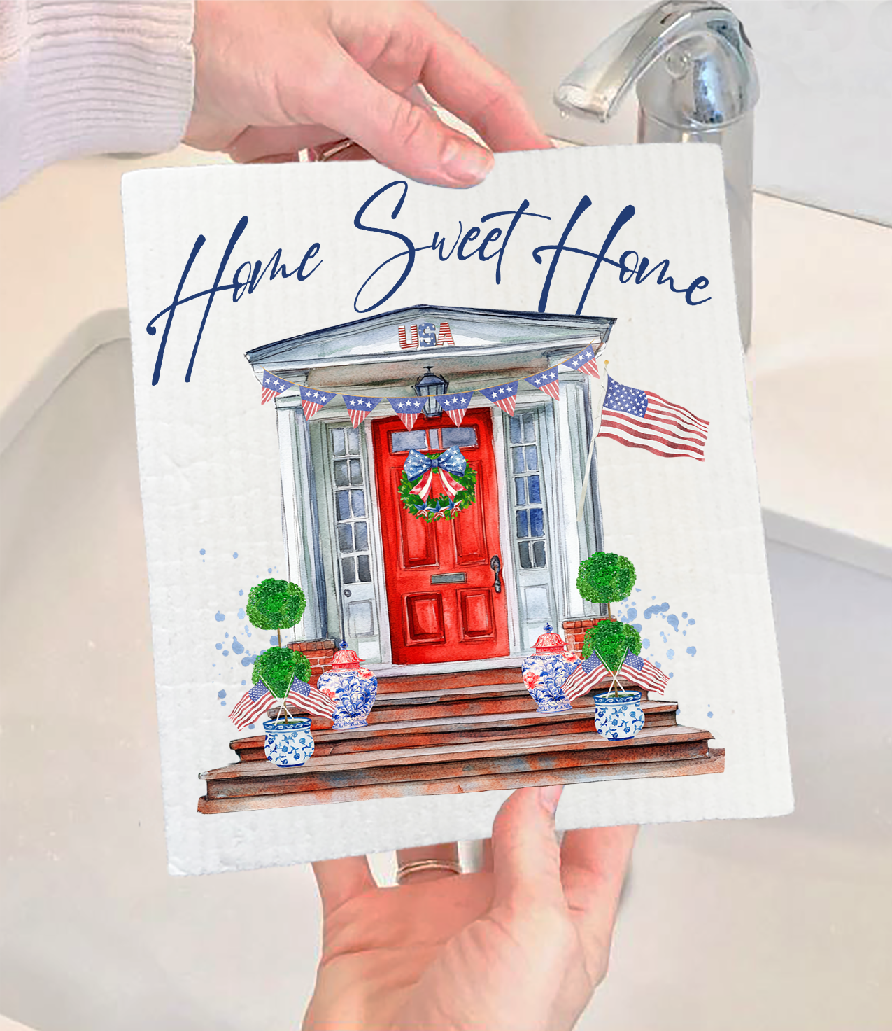 Patriotic Red Door Home Sweet Home Swedish Dishcloth