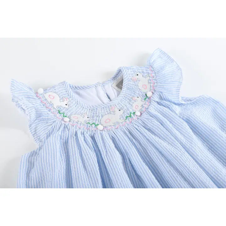 Blue Seersucker Running Bunnies Smocked Bishop Dress