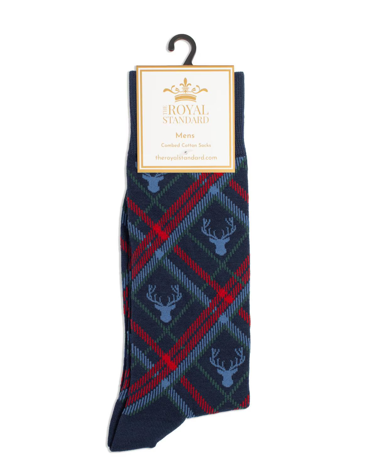 Men’s navy blue combed cotton socks featuring a red, green, and light blue argyle pattern with repeating deer head designs. The socks are displayed on a hanger with a “The Royal Standard” product tag
