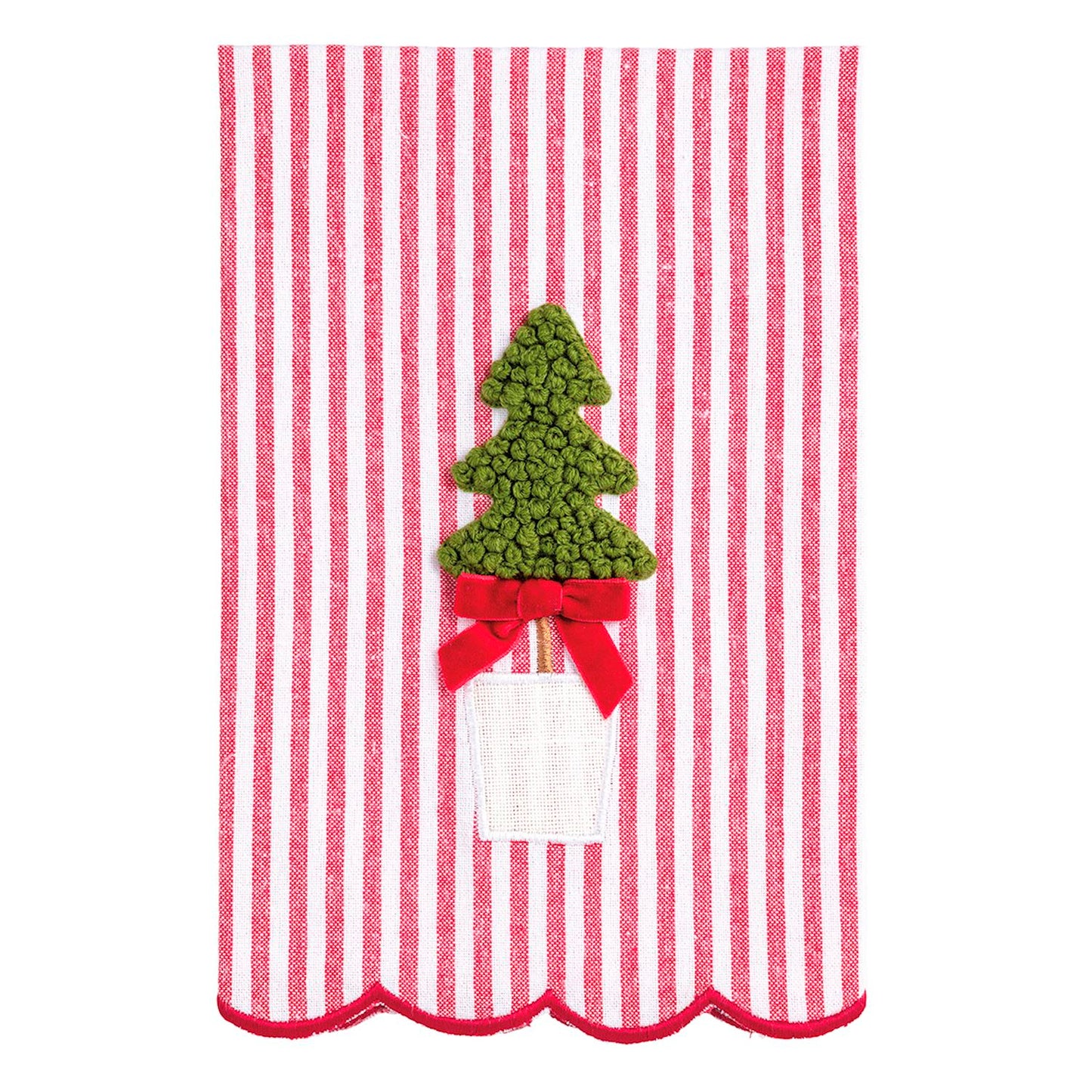 Red and white striped towel with a green Christmas tree and red bow design.