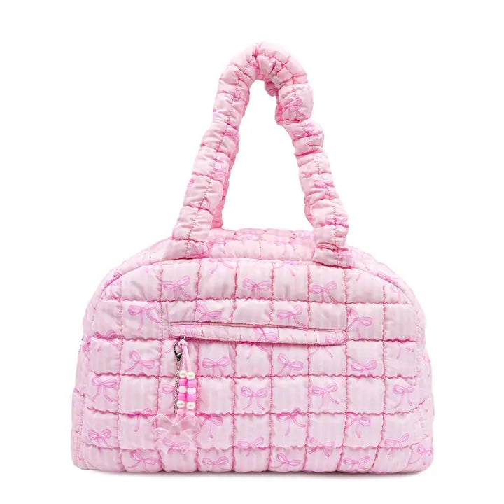 Quilted Scrunchies Pink Gingham Bow Printed Medium Duffle Bag