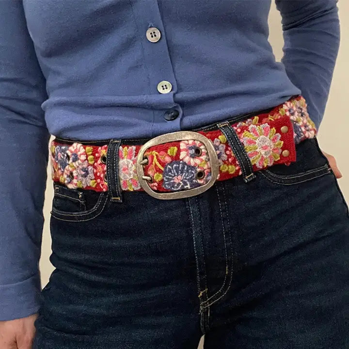 Teaberry Embroidered Wool Belt