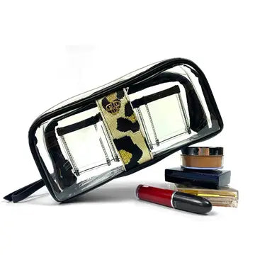Makeup bag with cosmetic items on a white background