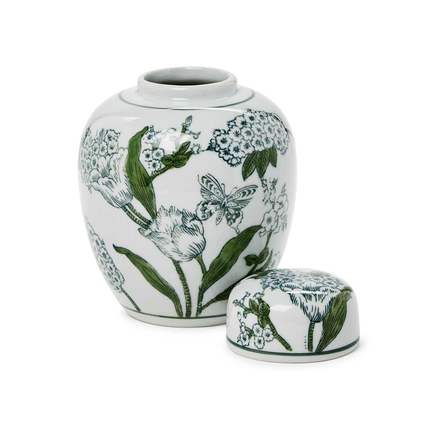Green and White Chinoiserie Ginger Jar with Lid