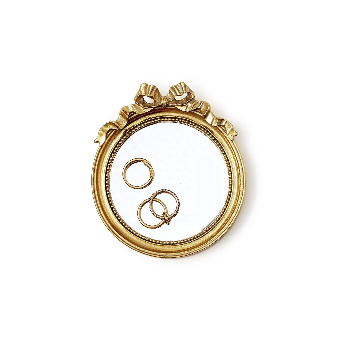 Vintage round gold mirror trinket tray with accent bow