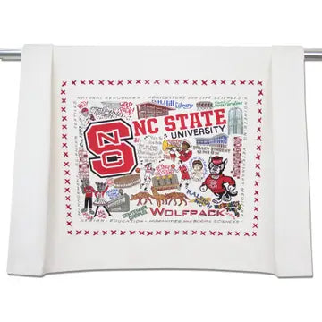 NC State tea towel with hand-embroidered border