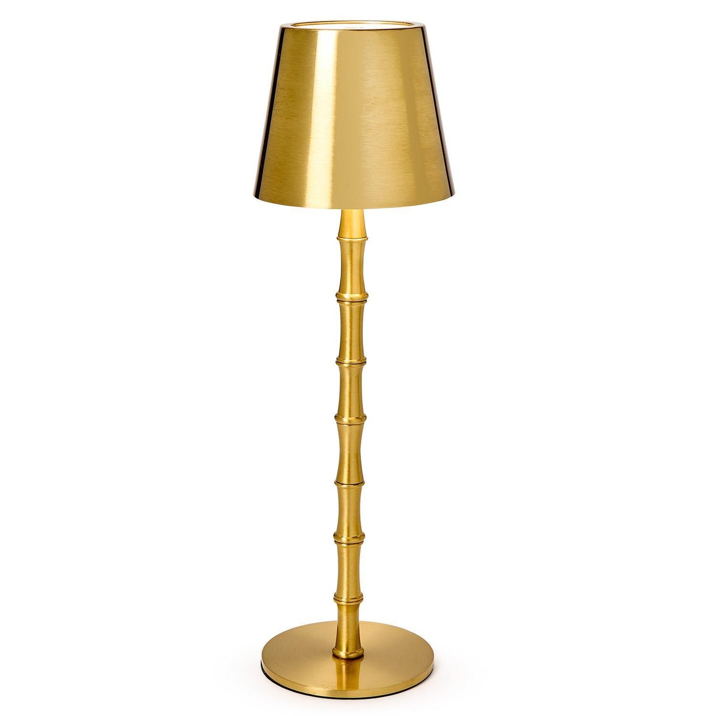 An LED cordless gold bamboo table lamp