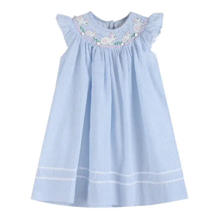 Blue Seersucker Running Bunnies Smocked Bishop Dress