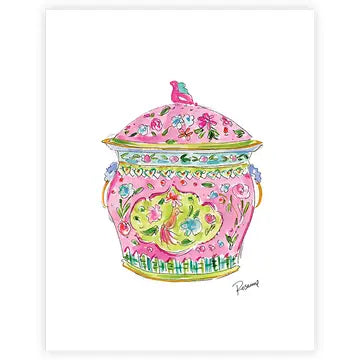 Handpainted Pink Chinoiserie Urn Art Print w/ Frame