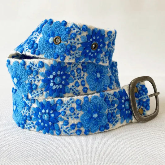 Forget-me-not blue floral embroidered wool belt.