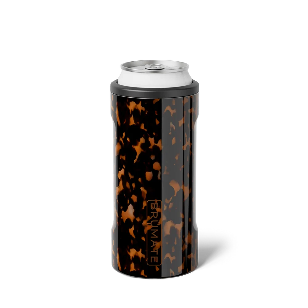 Slim can cooler with a glossy brown and black tortoise-shell pattern, designed to hold a slim beverage can.