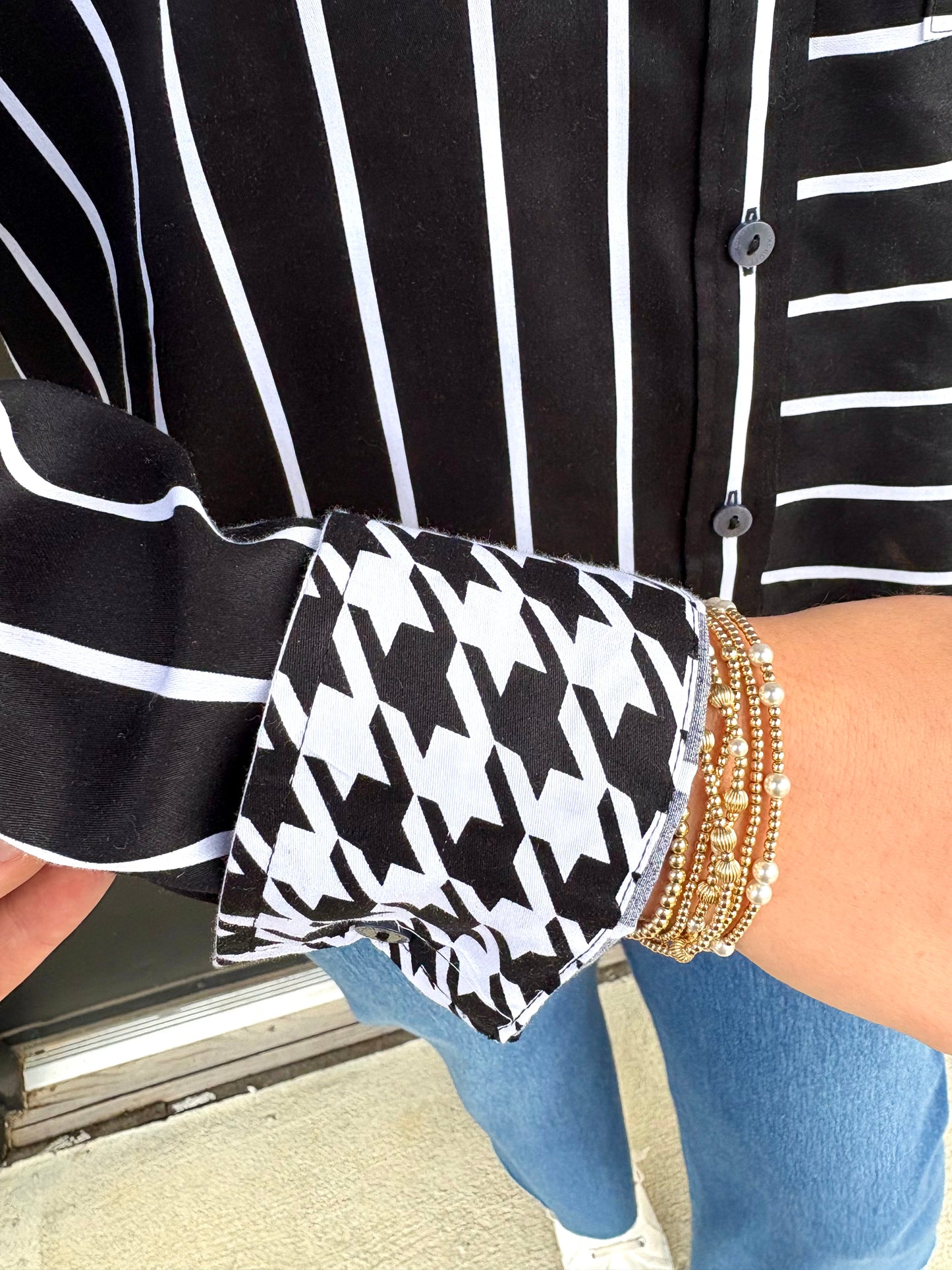 Marina Stripe & Houndstooth Long Sleeve Short Shirt