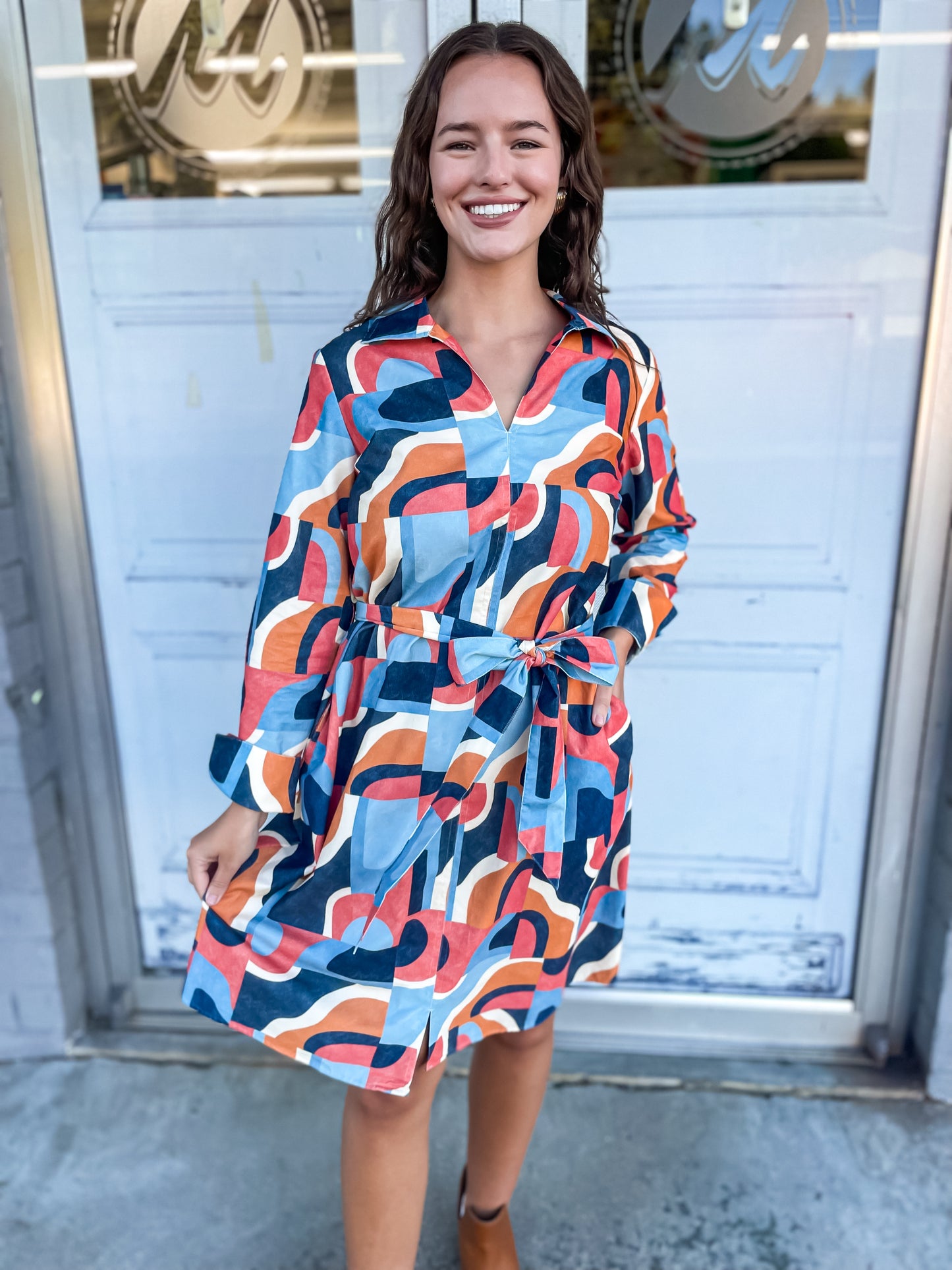 Agnes Corduroy Mid Century Art Long Sleeve Dress