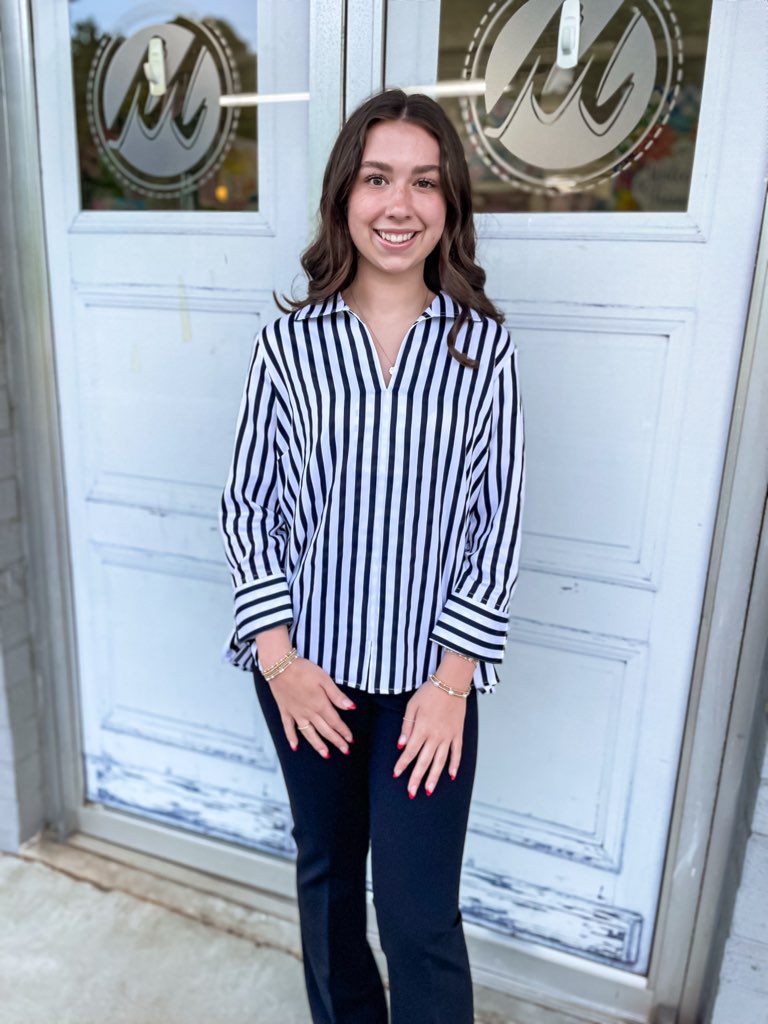 Agnes black stripe 3/4 sleeve length top with gingham accent cuffs.