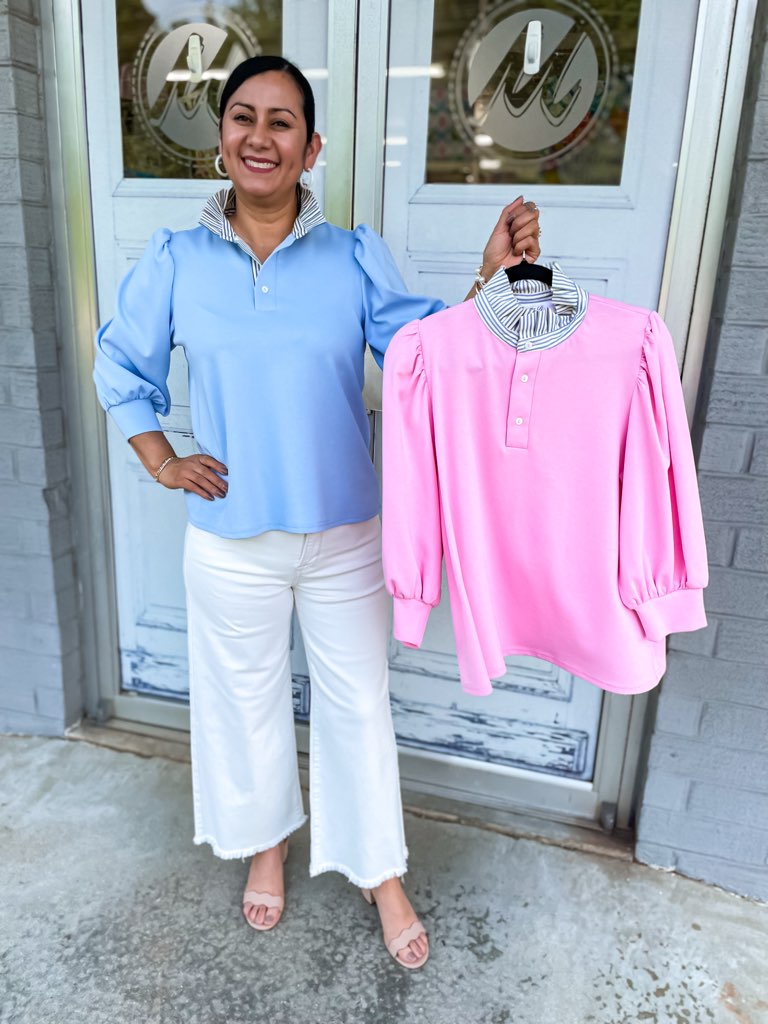 Jamesy top in pink with 3/4 balloon sleeves and contrast ruffle neck.