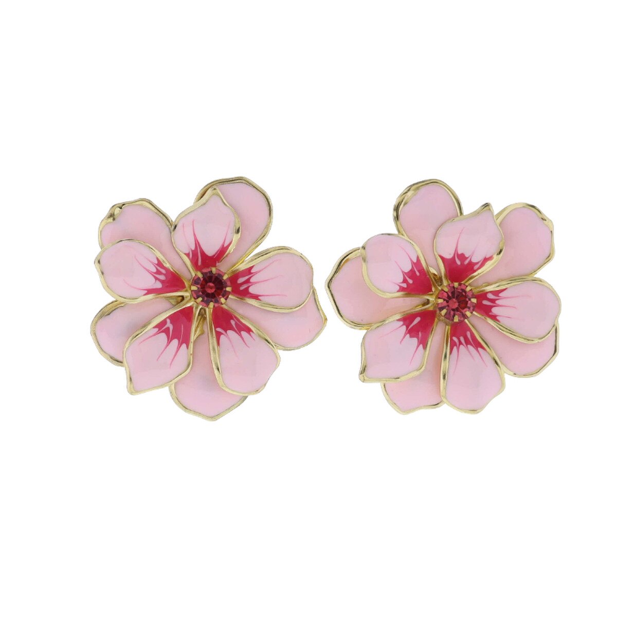 Large Pink Flower Earring with Pink Crystal Center