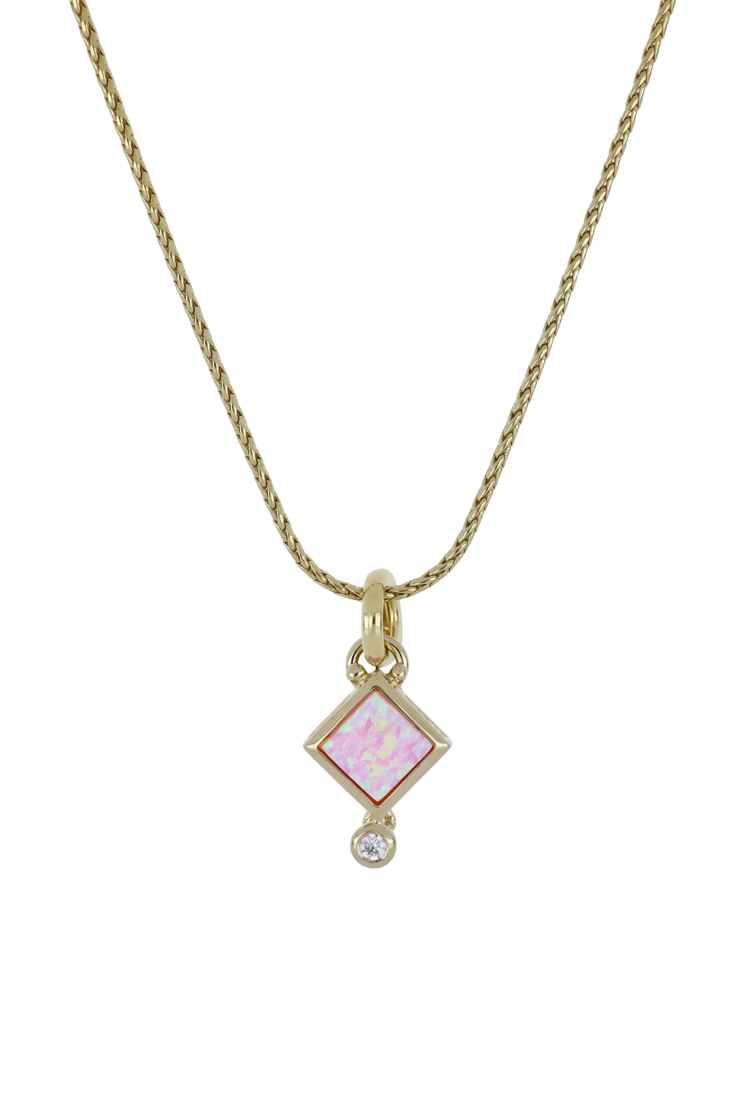 Diamond Shape Pink Opal Pendant Necklace 16-18"