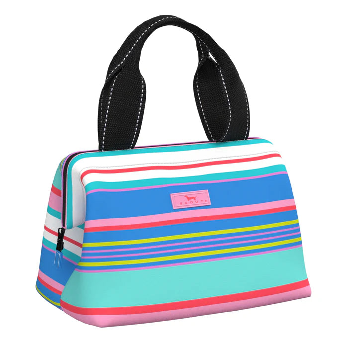 A lunch tote big enough for lunch for two with a wide mouth opening and exterior zipper pocket on the back, pink, blue, and mint strip pattern.
