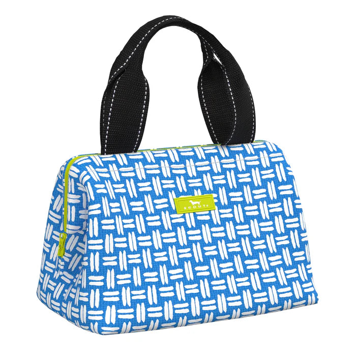 A lunch tote big enough for lunch for two with a wide mouth opening and exterior zipper pocket on the back, blue and white pattern.
