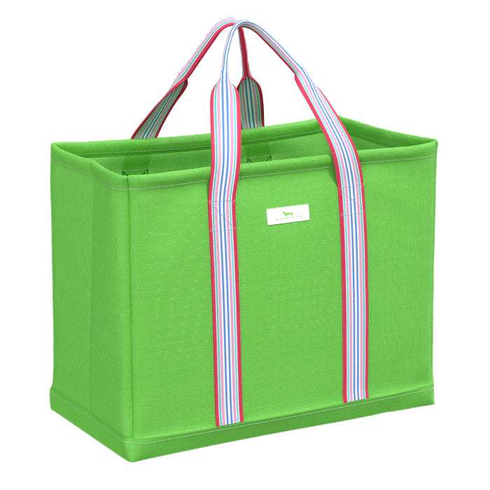 A open top tote bag having a compact basket weave fabric and structured bottom in a bright green color.
