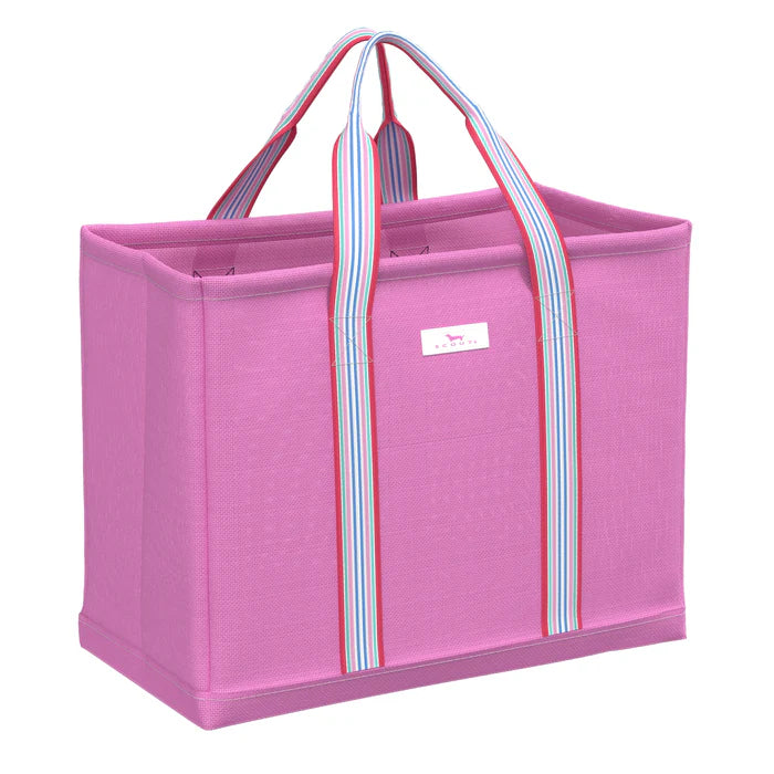 A open top tote bag having a compact basket weave fabric and structured bottom in a pink color.