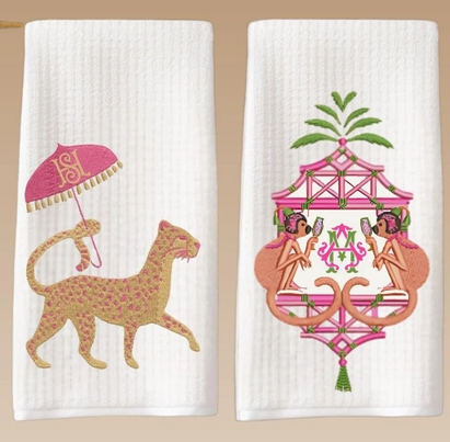 Waffle weave tea towel with a palm beach animal party designs.