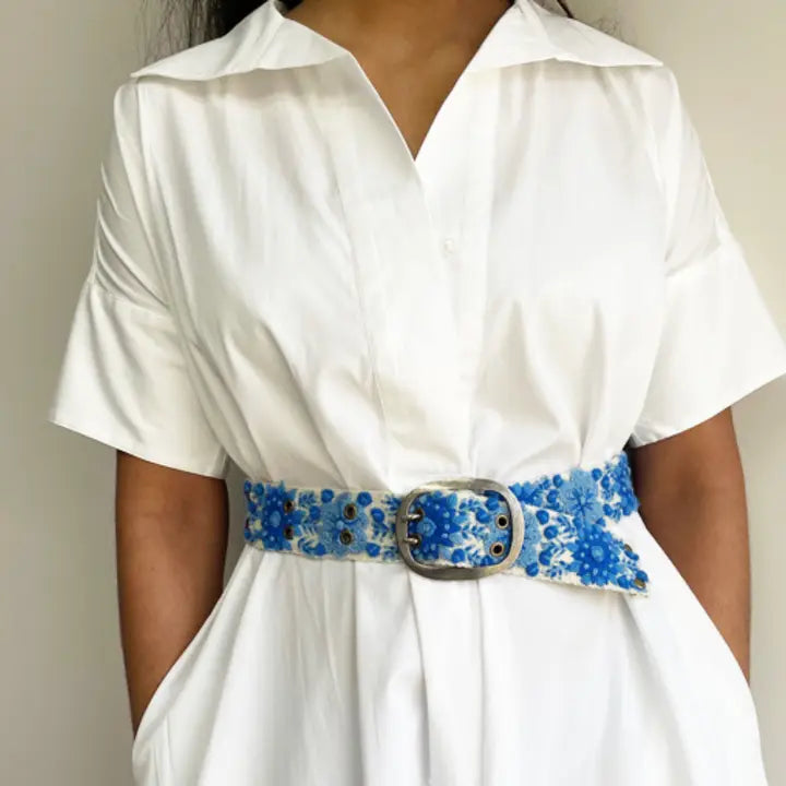 Forget-me-not blue floral embroidered wool belt.