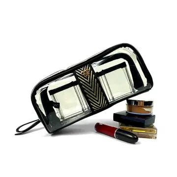 Black makeup bag with compartments and cosmetic items on a white background