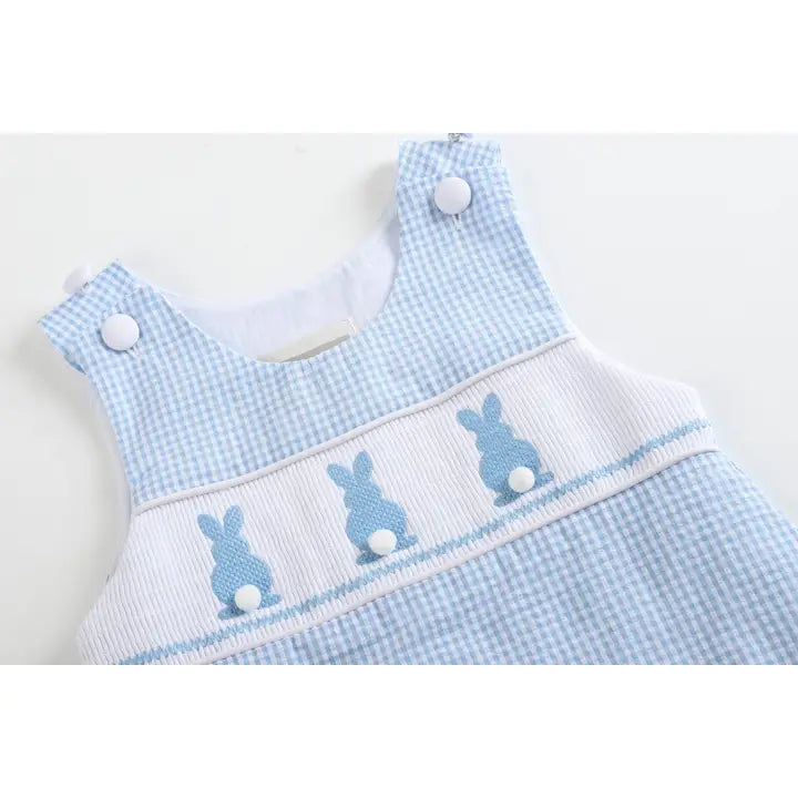 Blue Gingham Easter Bunny Smocked Shortalls