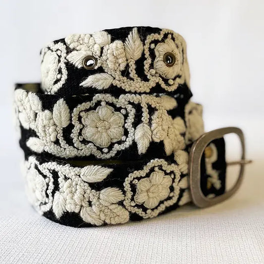 Two-Tone Embroidered Black and Cream Wool Belt.