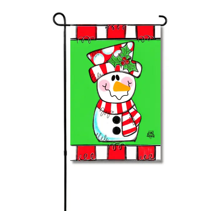 A cheerful Christmas garden flag featuring an adorable snowman wearing a red-and-white striped top hat adorned with holly and berries. The snowman has a matching striped scarf, black buttons, and a sweet smile, set against a bright green background with a bold red-and-white striped border. Perfect for adding a fun, festive touch to your front yard, garden, or porch during the holiday season.