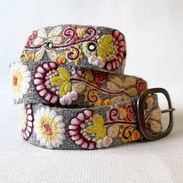Heather Gray Floral Embroidered Wool Belt