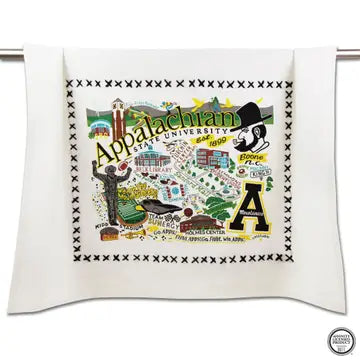 App State tea towel with hand-embroidered border