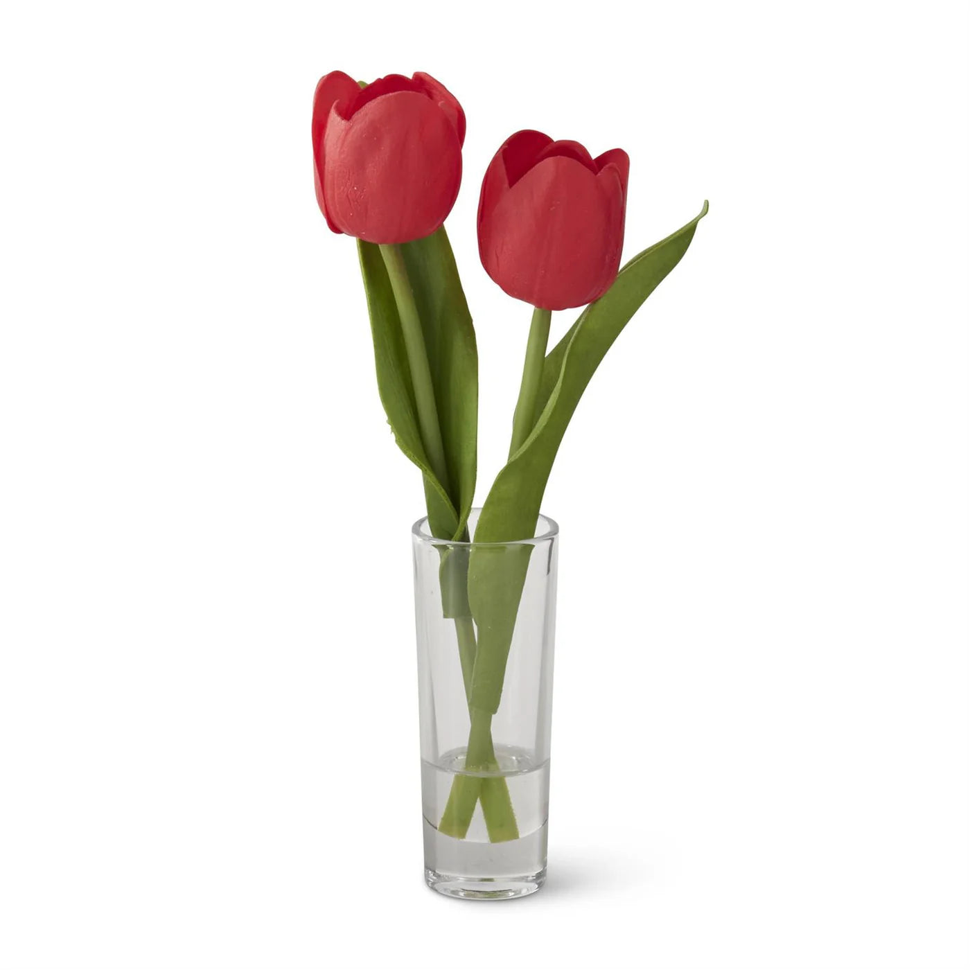 8.5 Inch Red Real Touch Double Tulip Premade in Glass Vase