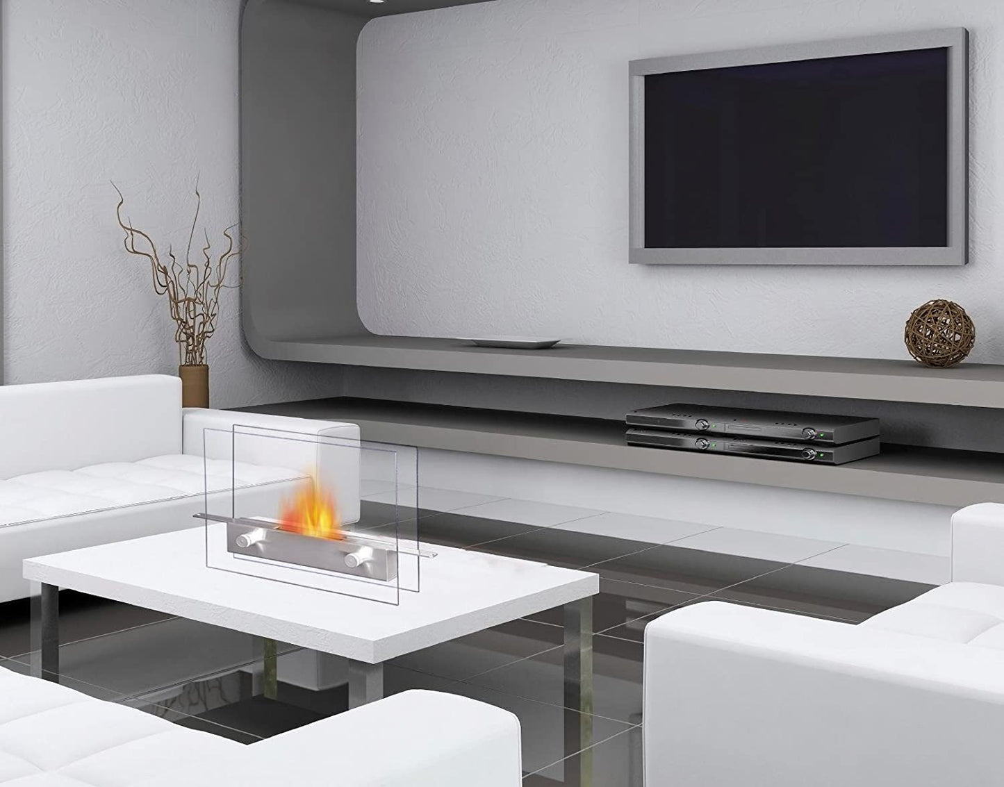 Anywhere fireplace than can be placed on a tabletop indoors, with a metal base and full glass frame. Seen in a living room setting in the image.