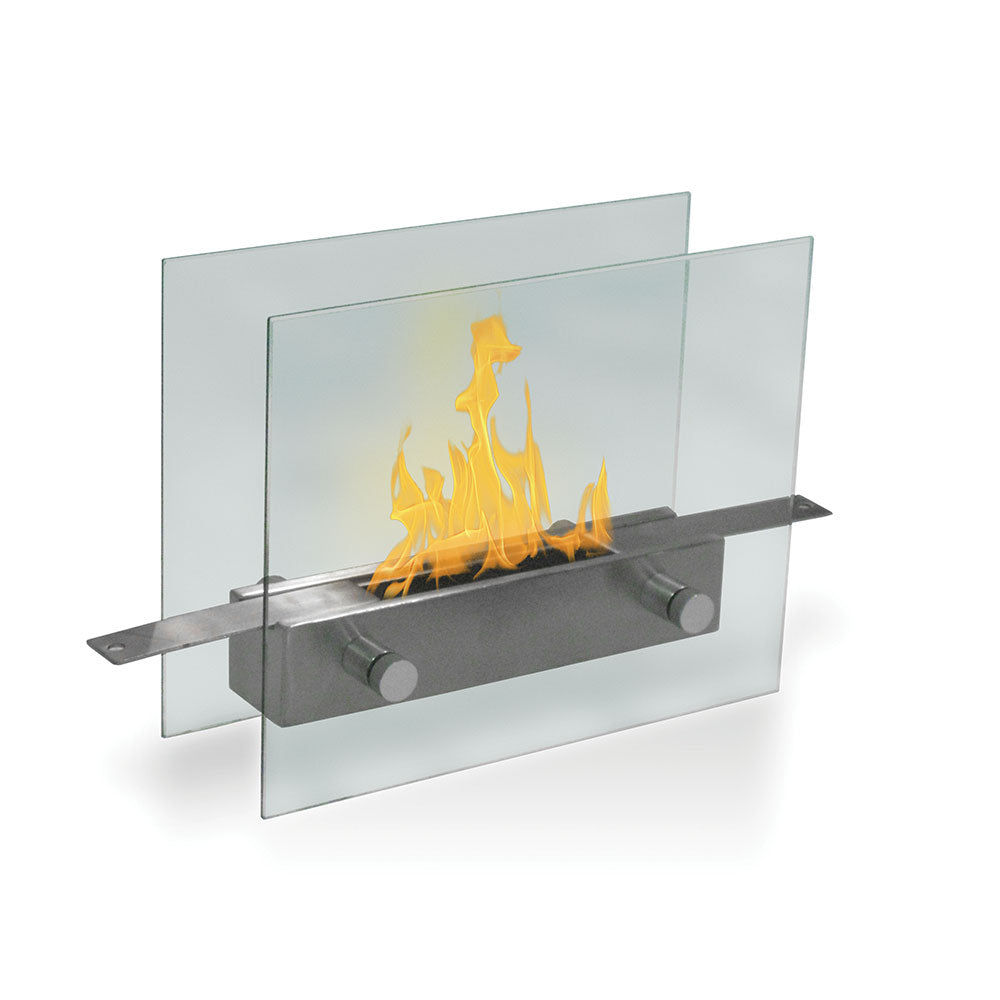 Anywhere fireplace than can be placed on a tabletop indoors, with a metal base and full glass frame.