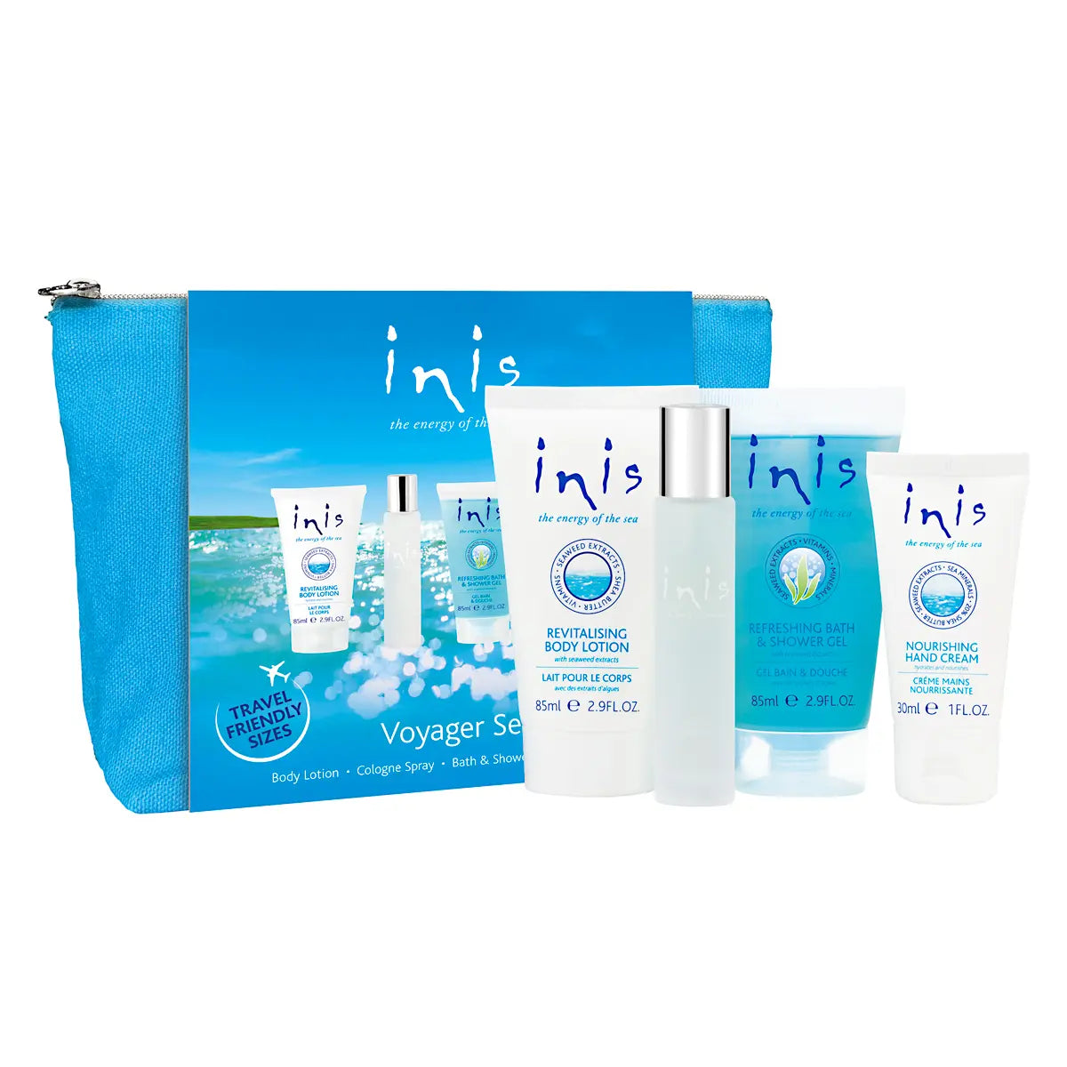 Small voyager Inis set, bag includes travel sized lotion, cologne, shower gel, and hand cream.