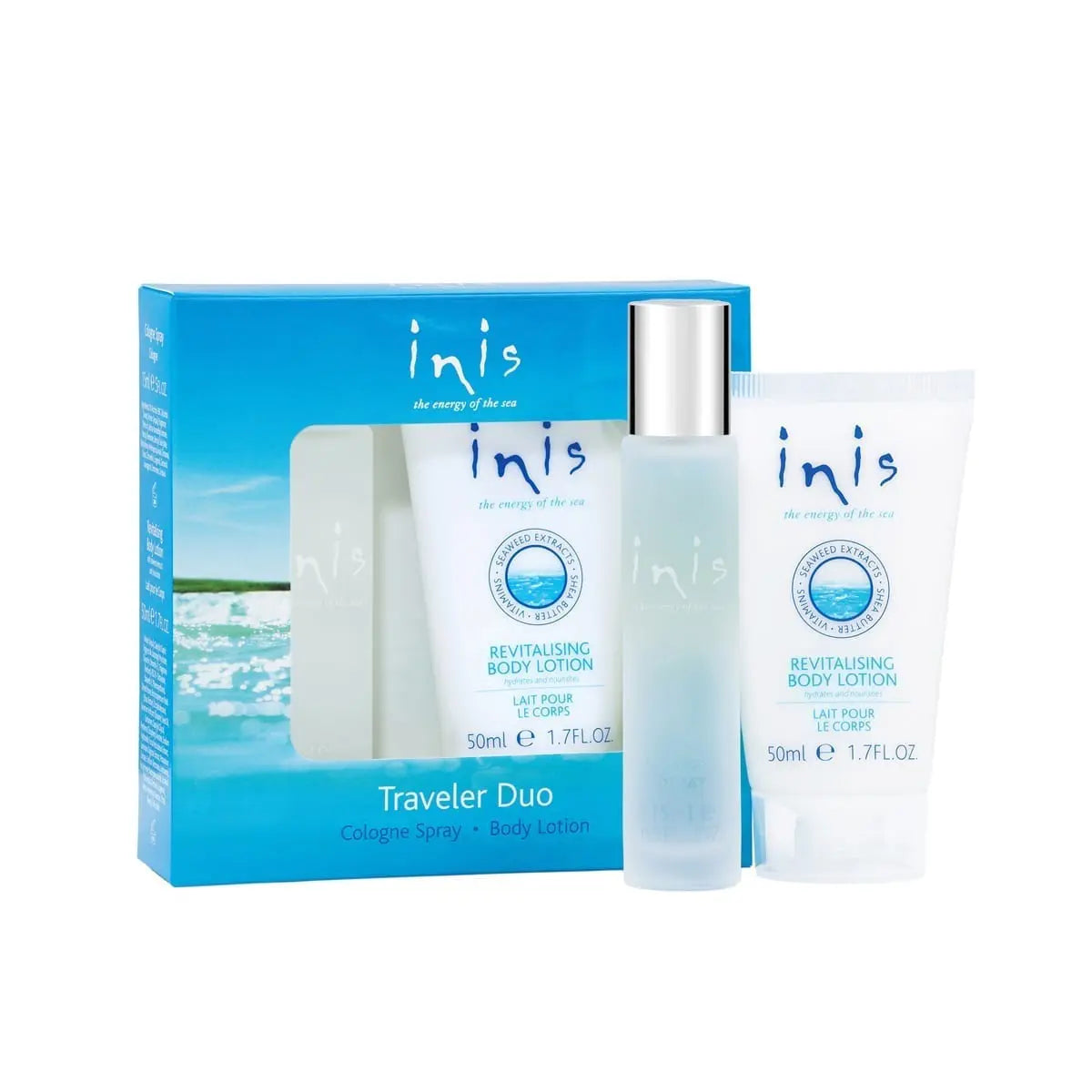 Inis traveler duo gift set, including a travel sized cologne spray and travel sized body lotion.