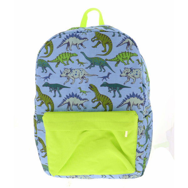 Blue and green dinosaur backpack