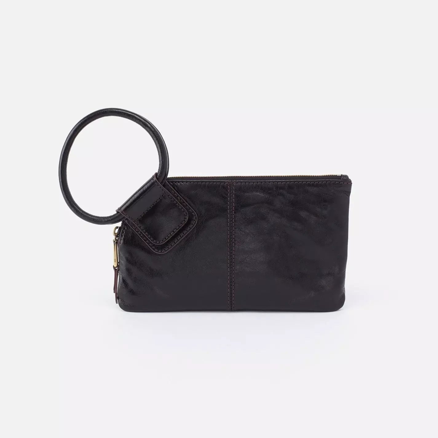 Small wristlet, Hobo Sable purse, with large wrist loop on the end of the wristlet. The purse is in the color black.