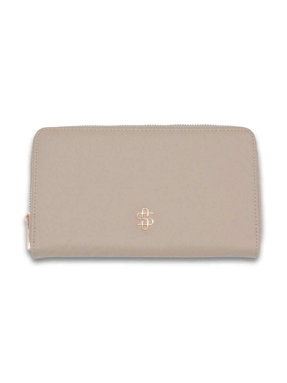 A light beige zip-around wallet with a small gold interlocking logo emblem on the front, set against a plain white background.