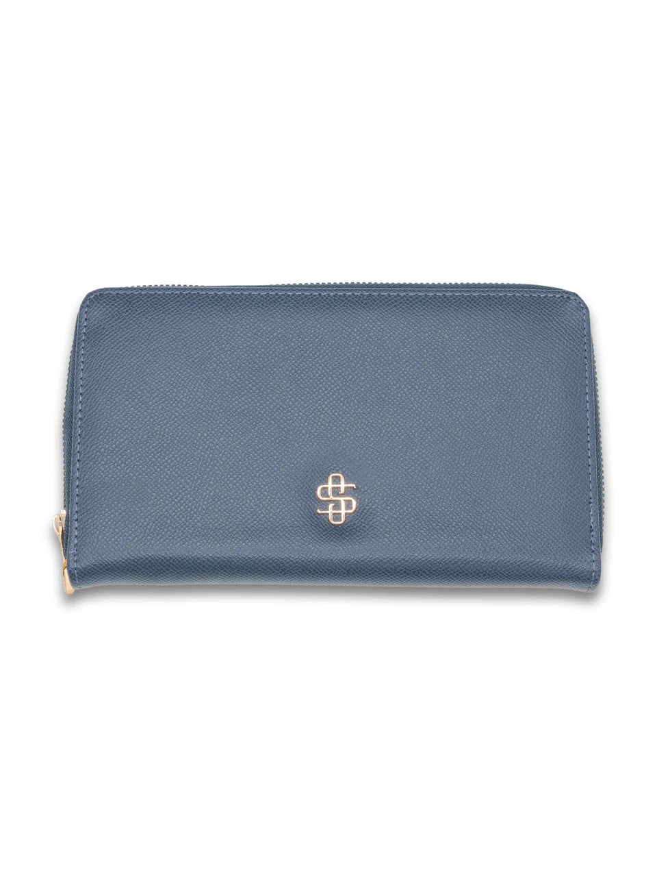 A blue textured leather zip-around wallet with a small gold-tone interlocking monogram logo on the front, set against a plain white background.