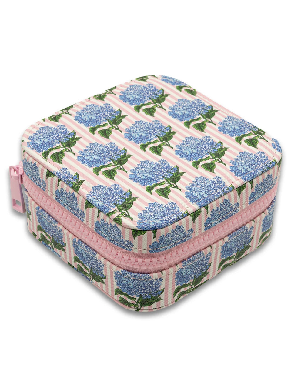 A square zippered fabric case with a pink and white striped background, decorated with a blue hydrangea floral pattern and a pink zipper.