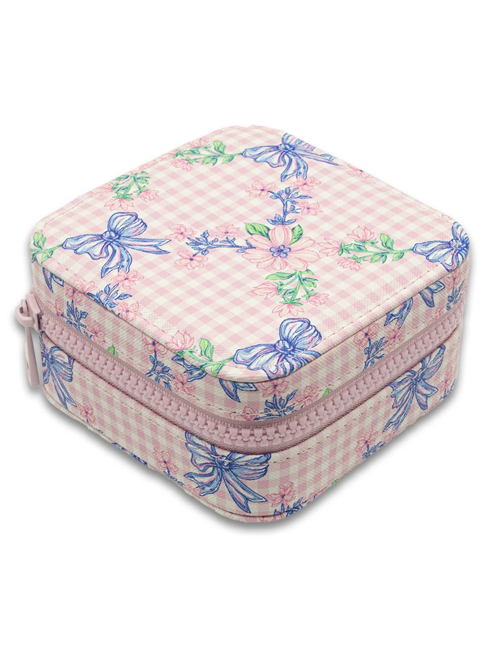 Small rectangular jewelry box with a pink checkered pattern and blue bows on a white background