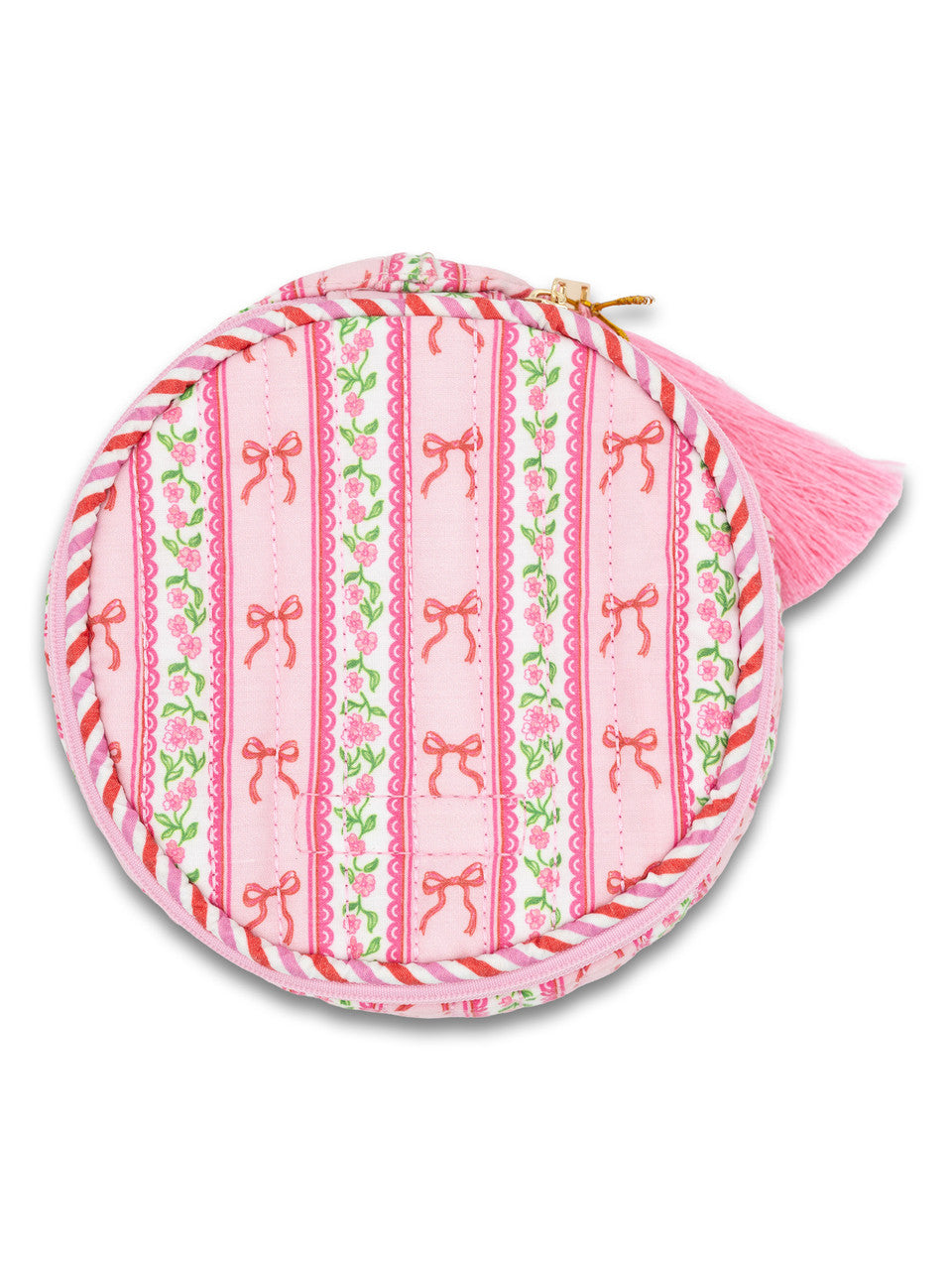 Pink pouch with bow pattern on a white background