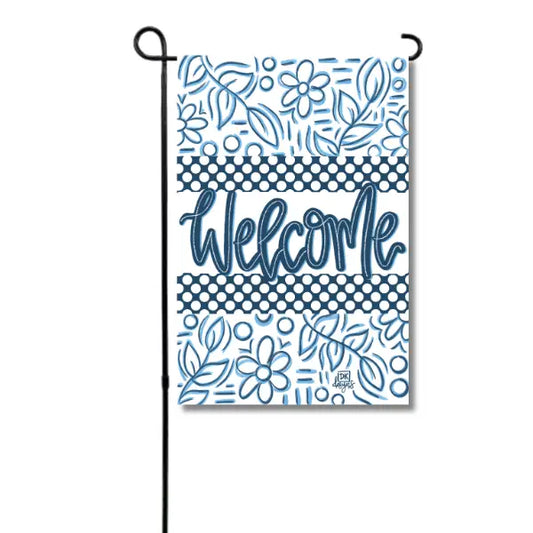 Blue and White Welcome Vinyl Garden Flag