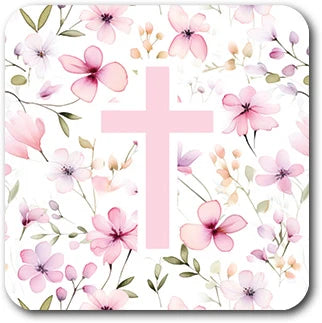 A square Vinyl Sticker with rounded corners featuring a light pink Christian cross in the center, surrounded by a watercolor floral pattern of pink blossoms and green leaves on a white background.