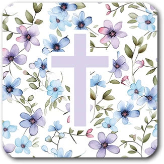 A square vinyl sticker with rounded corners featuring a white background decorated with a border of blue, purple, and pink flowers with green leaves, and a central light purple Christian cross.